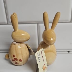 World Market Wooden Bunny Figurines with Floral Design NWT